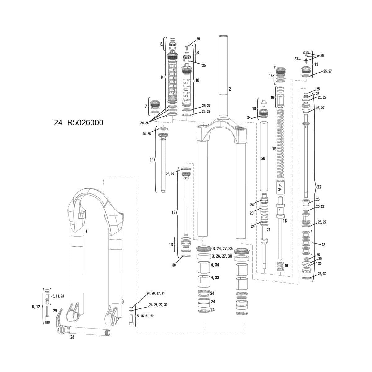 Rockshox Spare - Front Suspension Service Service Kit - 2007-2010 Argyle (Solo Air And Coil), 2011 Argyle (Coil) - (Steel Upper Tubes Only):