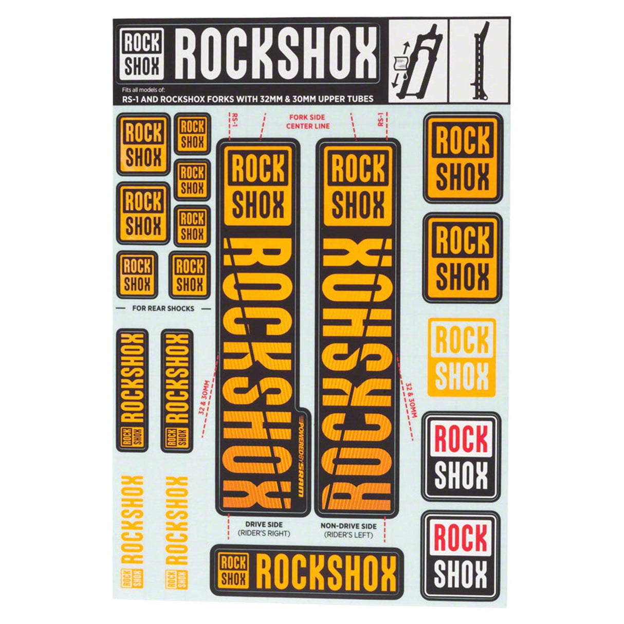 Rockshox Spare - Front Suspension Decal Kit 30/32Mm Ne02 Orange My18 - Sid/Reba/Revelation(Pre 2018)/Sektor/Recon/Xc32/30G/30S/Xc30: Black 30/32Mm