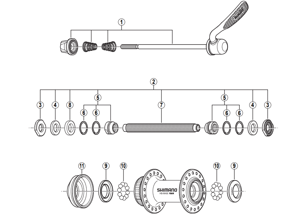 Shimano HB-M495 complete hub axle