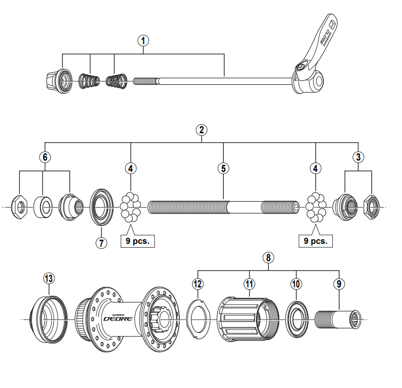 Shimano Spares FH-M595 complete hub axle; 146 mm