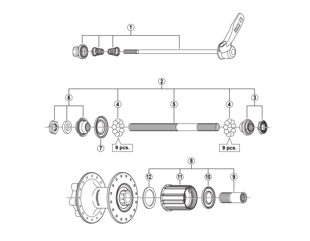 Shimano FH-M529 complete hub axle, 146 mm