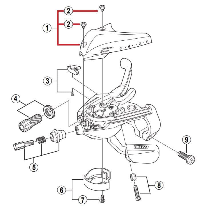 Shimano ST-EF60 Upper Cover And Fixing Screws For 8 Speed Right Hand Shifter, Silver -M3 x 5mm - Y6NM98040