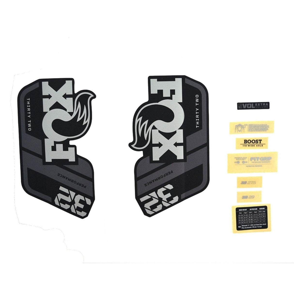 FOX Fork 32 Decal Kit: P-S Grey Logo Matte Black 2021