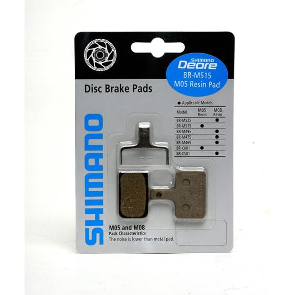 Shimano Deore M05 disc brake pads; and spring M515; steel backed; resin