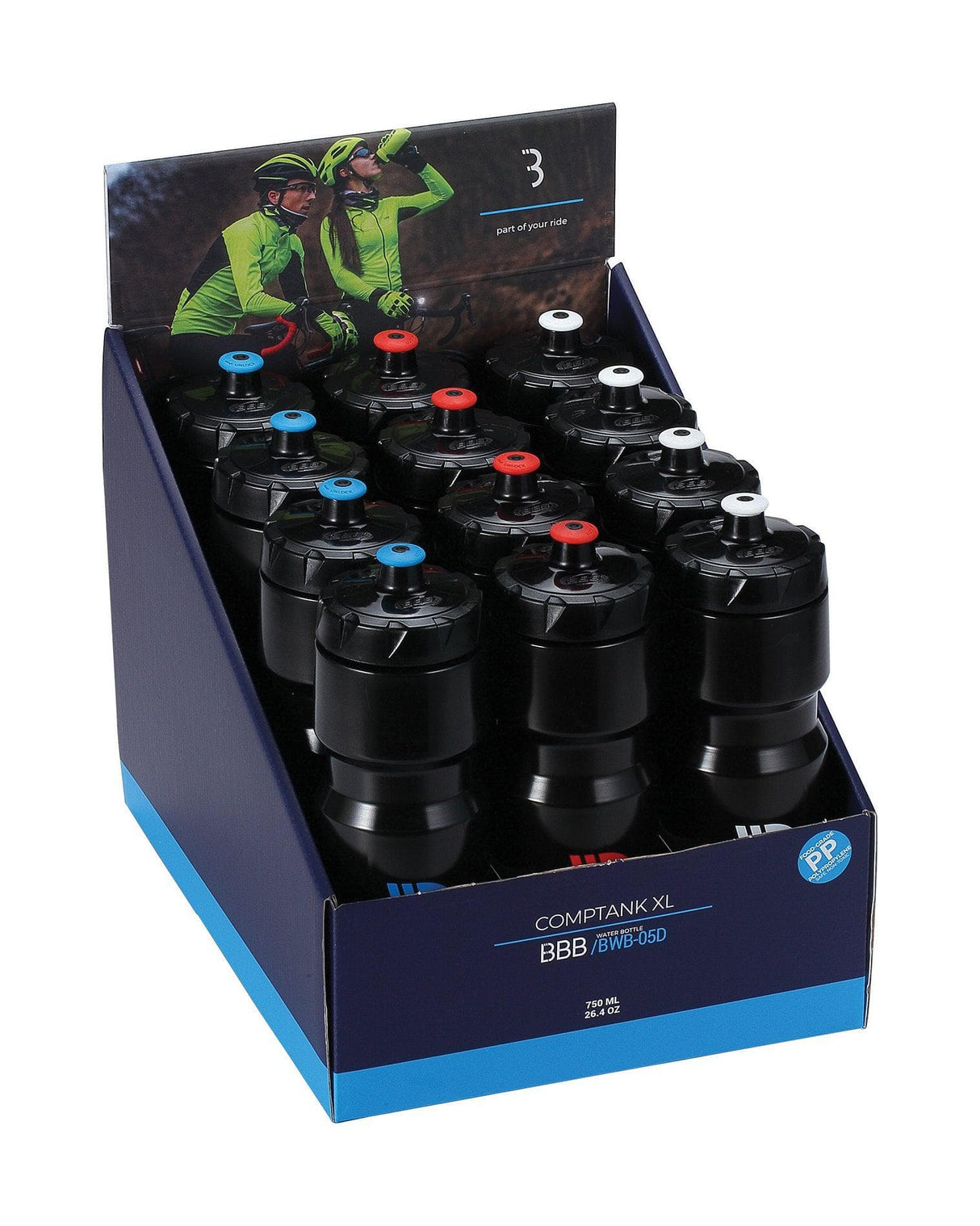 BBB BWB-05D - CompTank XL Display Box (x12,750ml, Blu, Red, Blk)