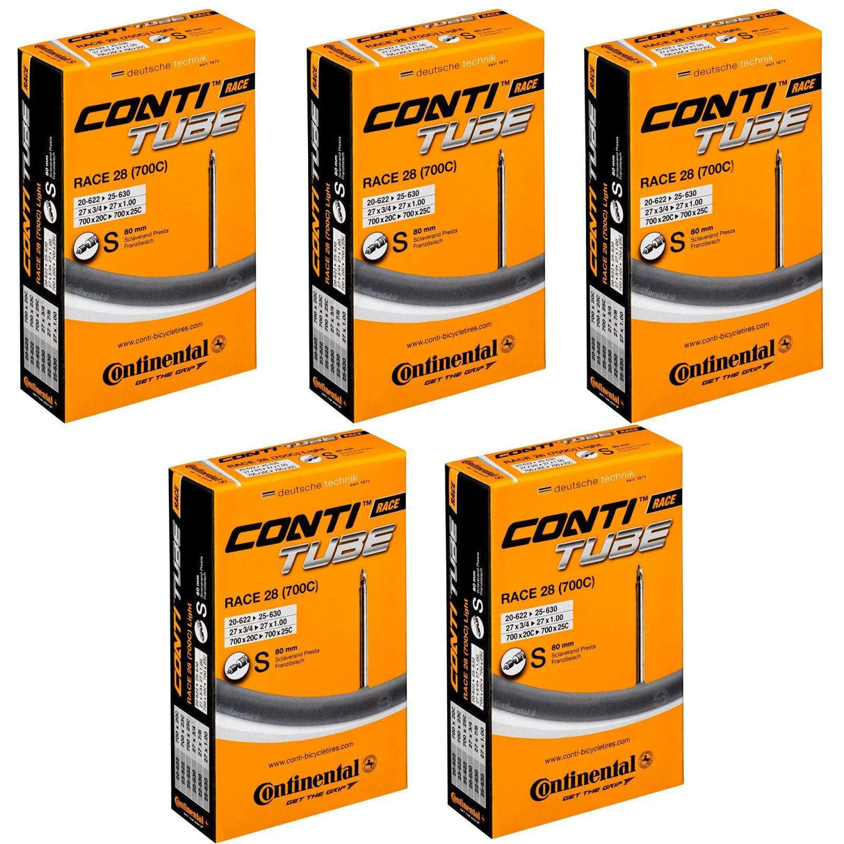 Continental Race 28 700 x 20-25c Bike Inner Tubes - Presta 80mm Long Valve (Pack of 5 X 0180000)