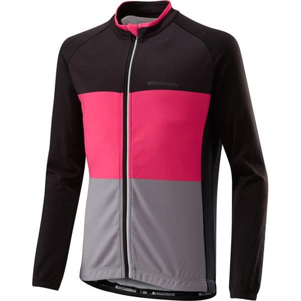 Madison Sportive youth long sleeved thermal jersey; black / pink glo age 9 - 10