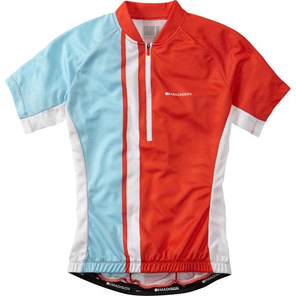 Madison Tour women's short sleeve jersey; chilli red / sea blue size 8